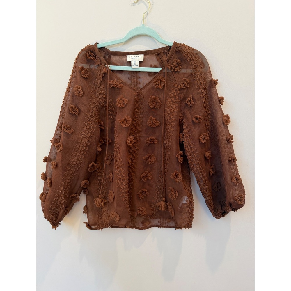 Calypso St. Barth Women's Small Brown Sheer Blouse 3D Floral Tassel Boho
